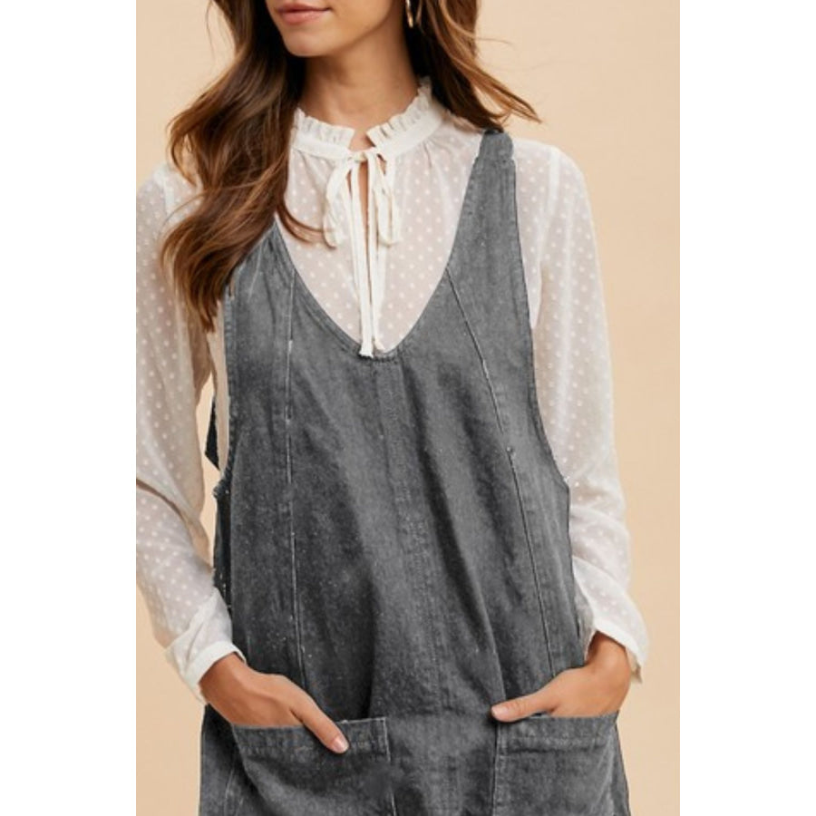 Annie Wear V-Neck Adjustable Strap Denim Overall Dress with Pockets Apparel and Accessories