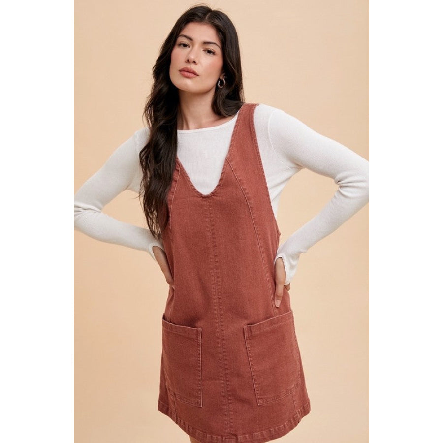 Annie Wear V-Neck Adjustable Strap Denim Overall Dress with Pockets Apparel and Accessories