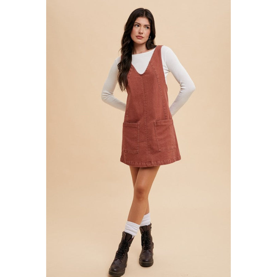 Annie Wear V-Neck Adjustable Strap Denim Overall Dress with Pockets Apparel and Accessories