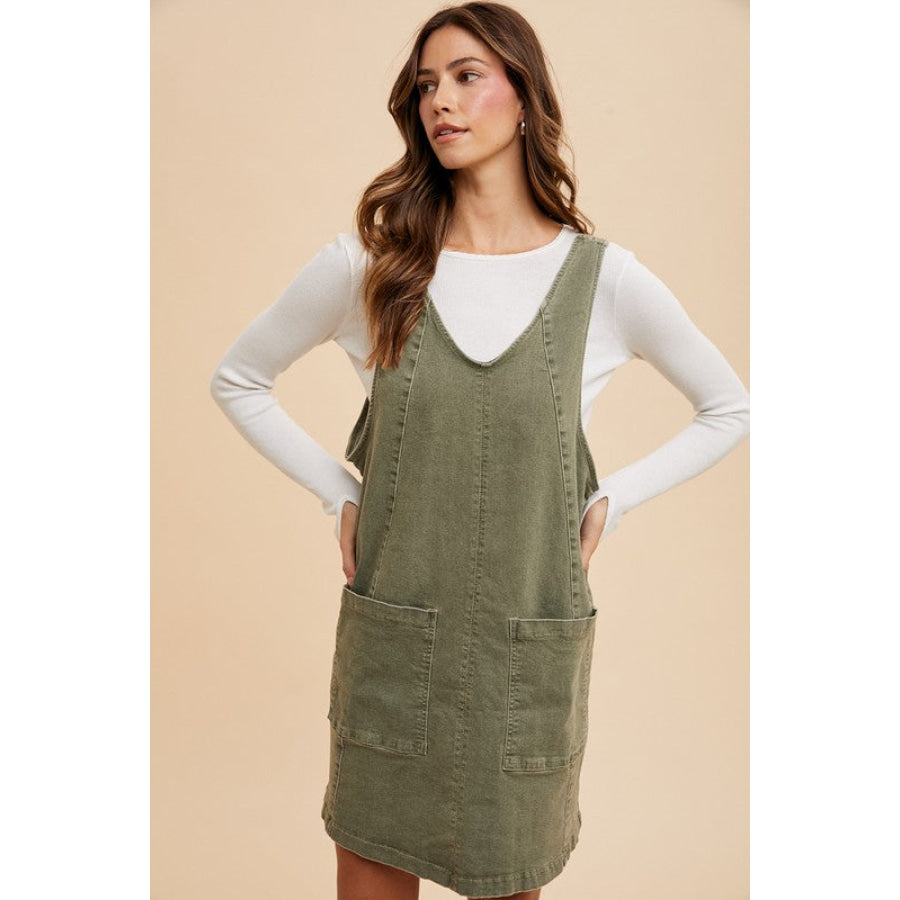 Annie Wear V-Neck Adjustable Strap Denim Overall Dress with Pockets Apparel and Accessories