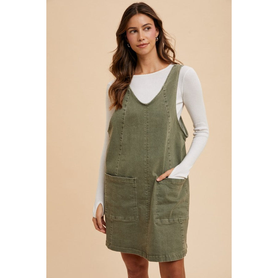 Annie Wear V-Neck Adjustable Strap Denim Overall Dress with Pockets Army Green / S Apparel and Accessories