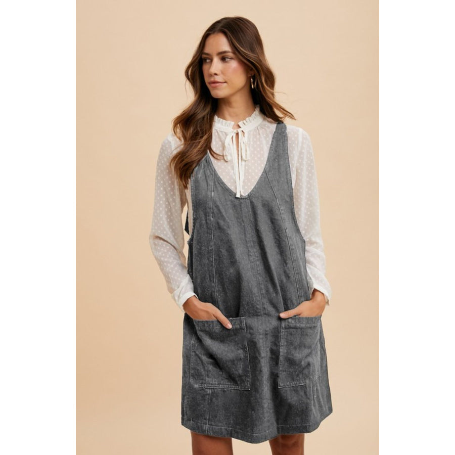 Annie Wear V-Neck Adjustable Strap Denim Overall Dress with Pockets Charcoal / S Apparel and Accessories