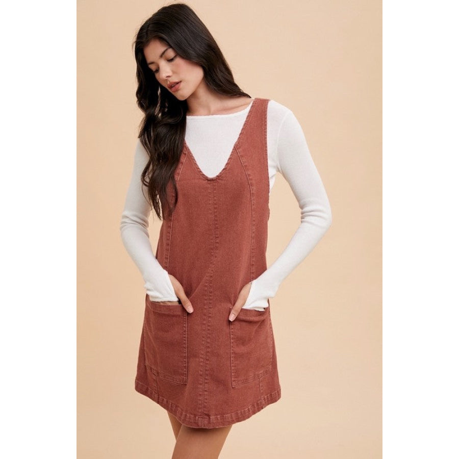 Annie Wear V-Neck Adjustable Strap Denim Overall Dress with Pockets Rust / S Apparel and Accessories