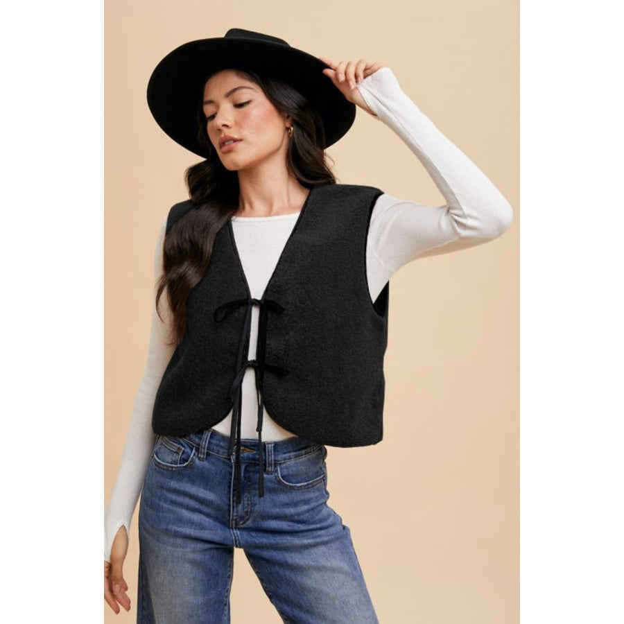 Annie Wear V-Neck Tie Detail Vest Coat Black / S Apparel and Accessories