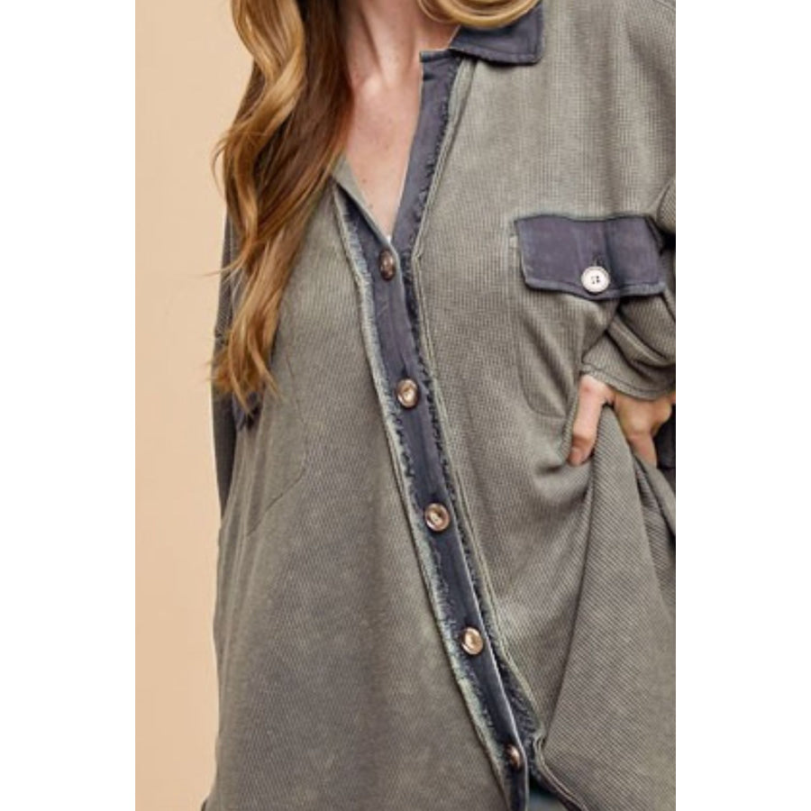 Annie Wear Waffle-Knit Mineral Washed Button Down Shirt Apparel and Accessories