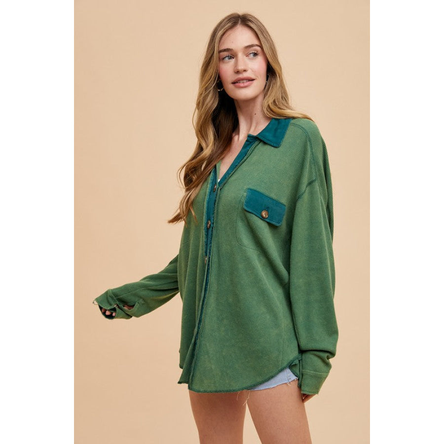 Annie Wear Waffle-Knit Mineral Washed Button Down Shirt Dark Green / S Apparel and Accessories