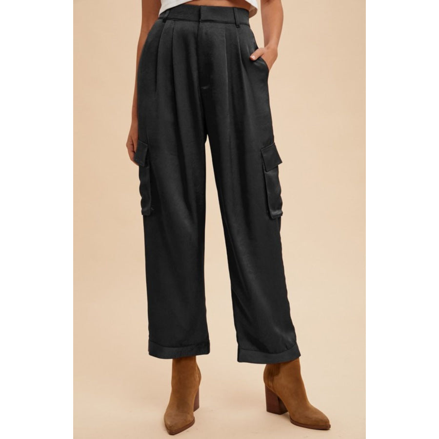 Annie Wear Wide Leg Cargo Satin Pants Black / S Apparel and Accessories