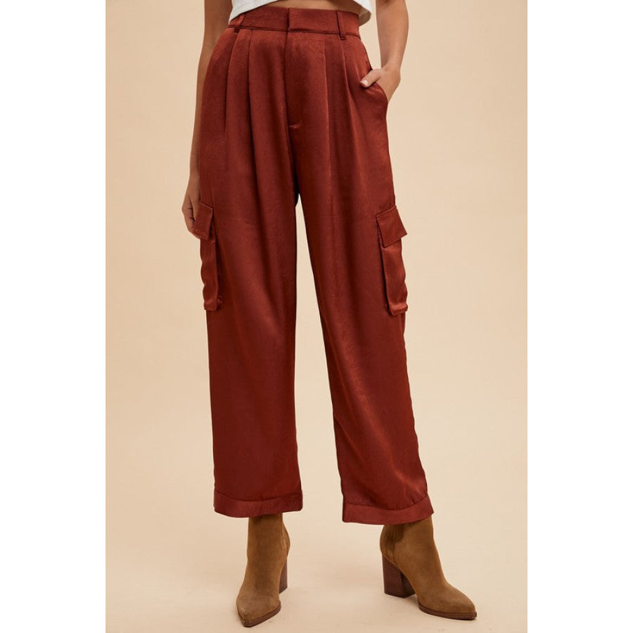 Annie Wear Wide Leg Cargo Satin Pants Burgundy / S Apparel and Accessories