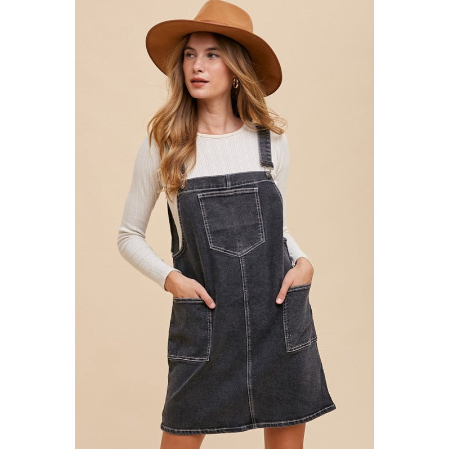 Annie Wear Wide Strap Denim Overall Dress with Pockets Black / S Apparel and Accessories