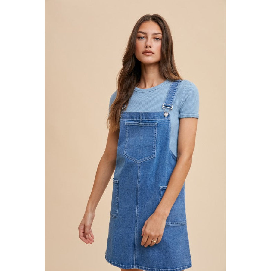 Annie Wear Wide Strap Denim Overall Dress with Pockets Indigo Washed Denim / S Apparel and Accessories