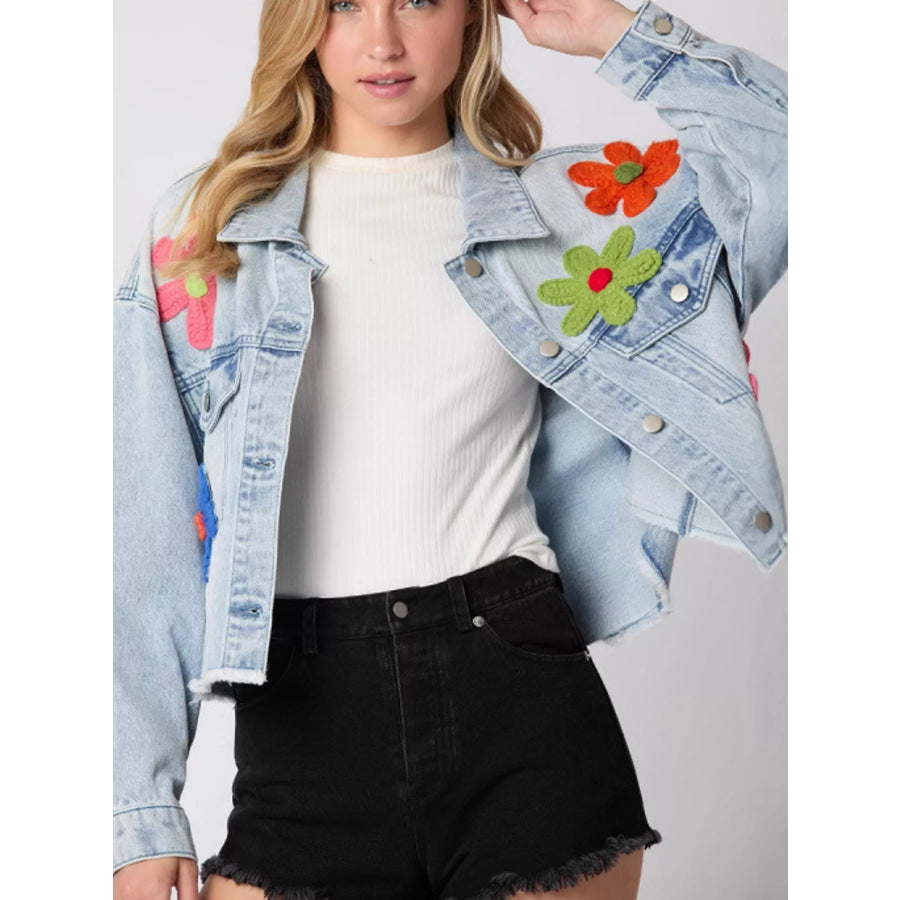 Applique Cropped Denim Jacket with Raw Hem Floral / S Apparel and Accessories