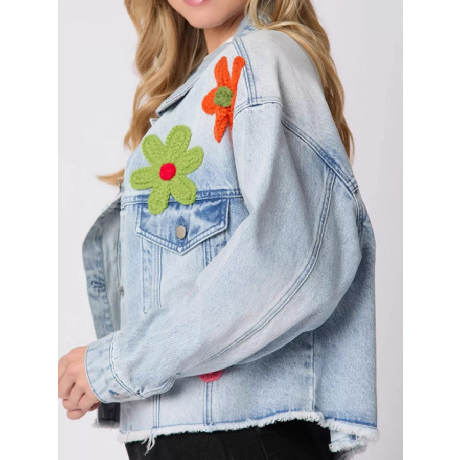 Applique Cropped Denim Jacket with Raw Hem Apparel and Accessories