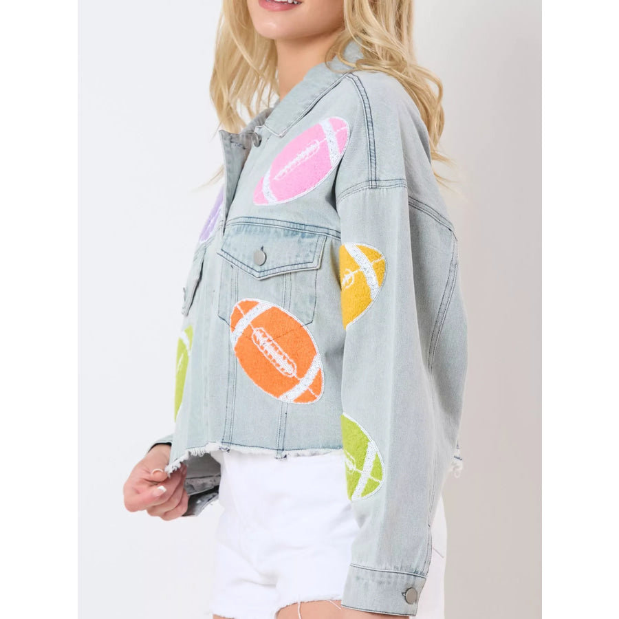 Applique Cropped Denim Jacket with Raw Hem Apparel and Accessories