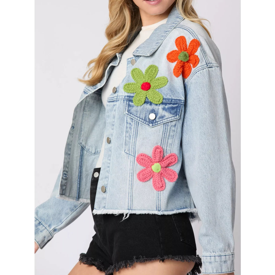 Applique Cropped Denim Jacket with Raw Hem Apparel and Accessories