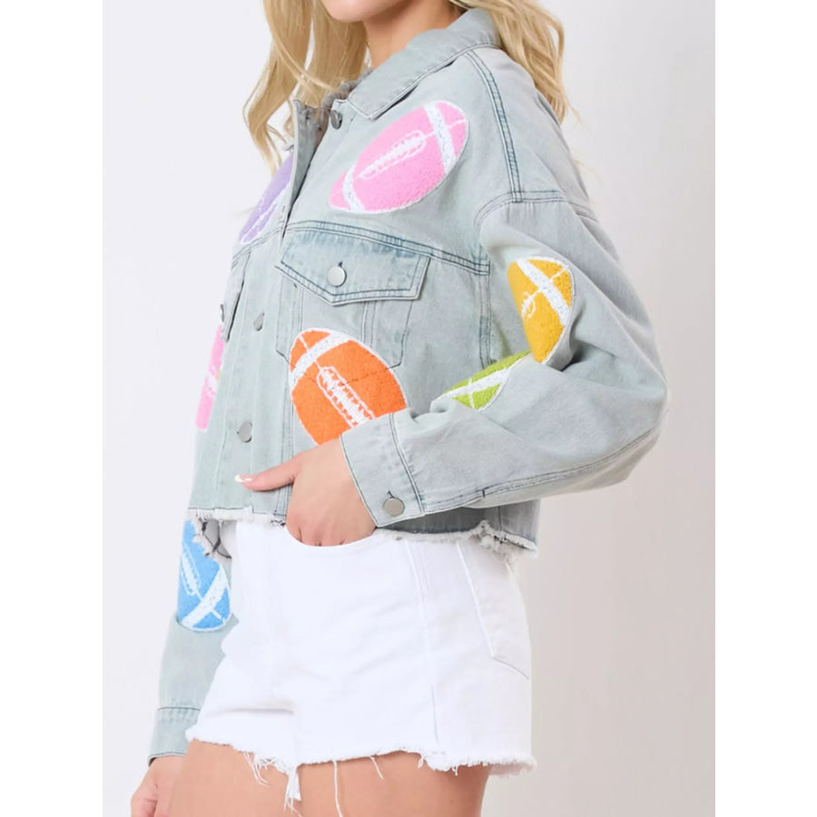 Applique Cropped Denim Jacket with Raw Hem Apparel and Accessories
