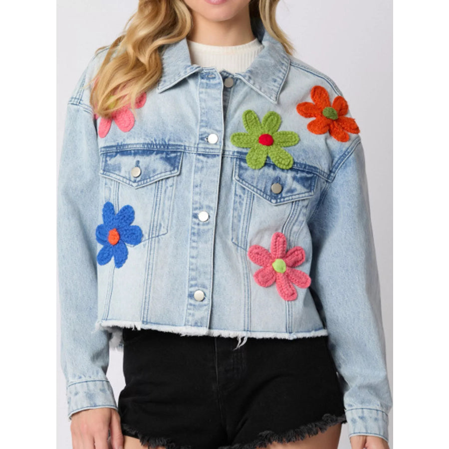 Applique Cropped Denim Jacket with Raw Hem Floral / S Apparel and Accessories