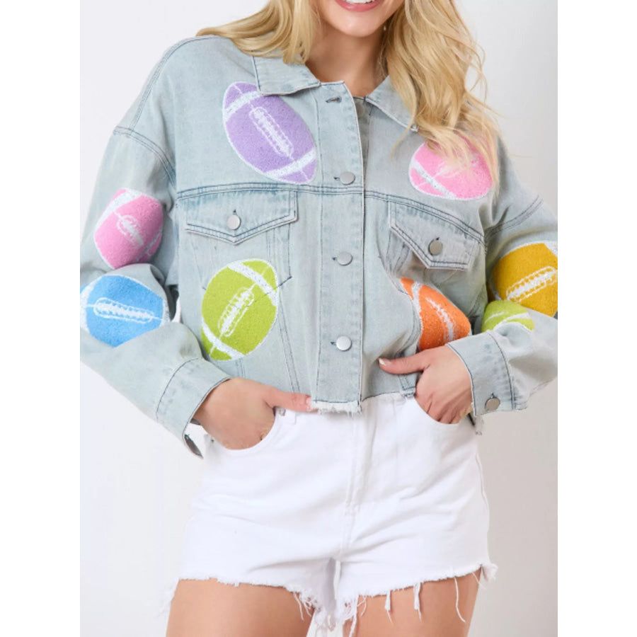 Applique Cropped Denim Jacket with Raw Hem Football / S Apparel and Accessories