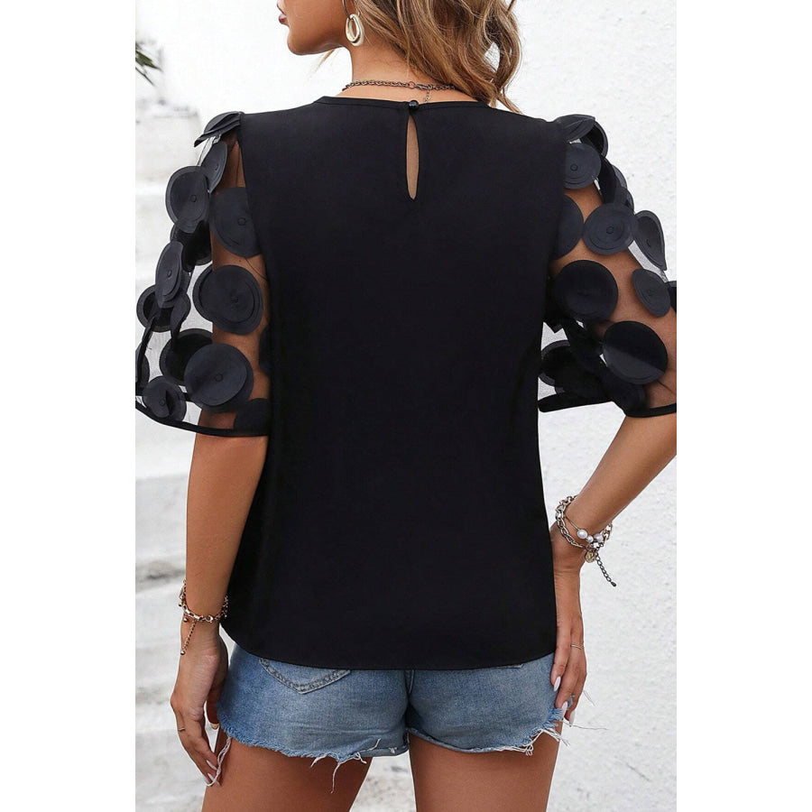 Applique Round Neck Half Sleeve Blouse Apparel and Accessories