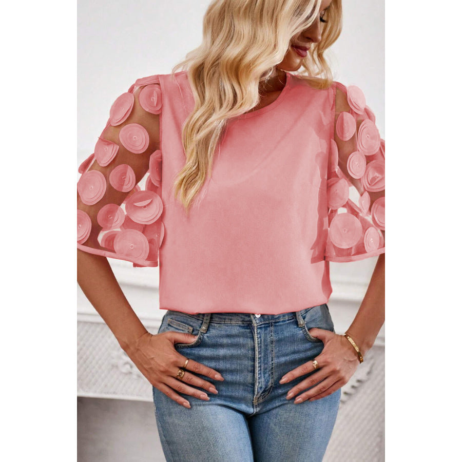 Applique Round Neck Half Sleeve Blouse Apparel and Accessories