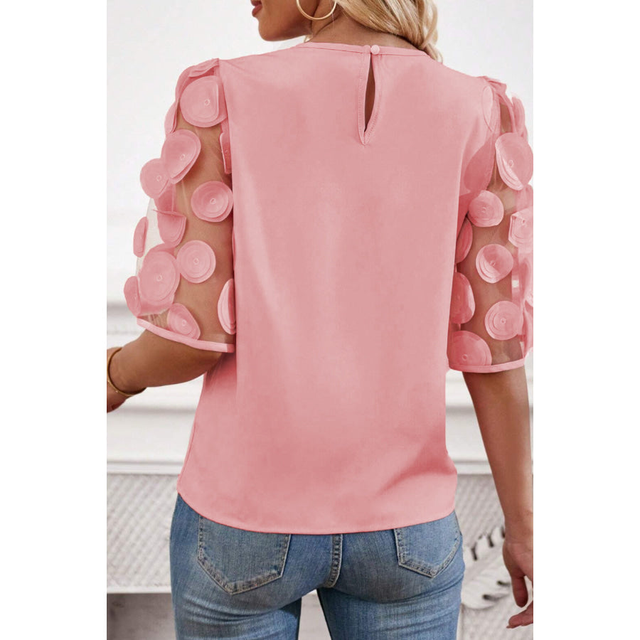 Applique Round Neck Half Sleeve Blouse Apparel and Accessories