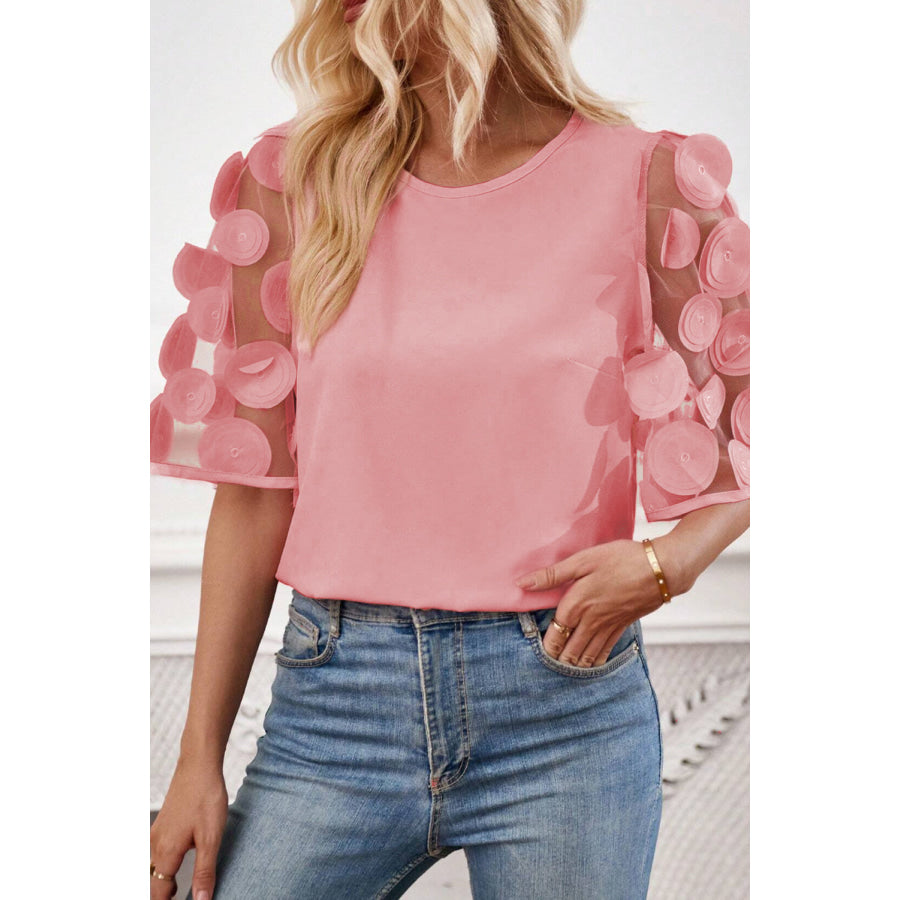 Applique Round Neck Half Sleeve Blouse Blush Pink / M Apparel and Accessories