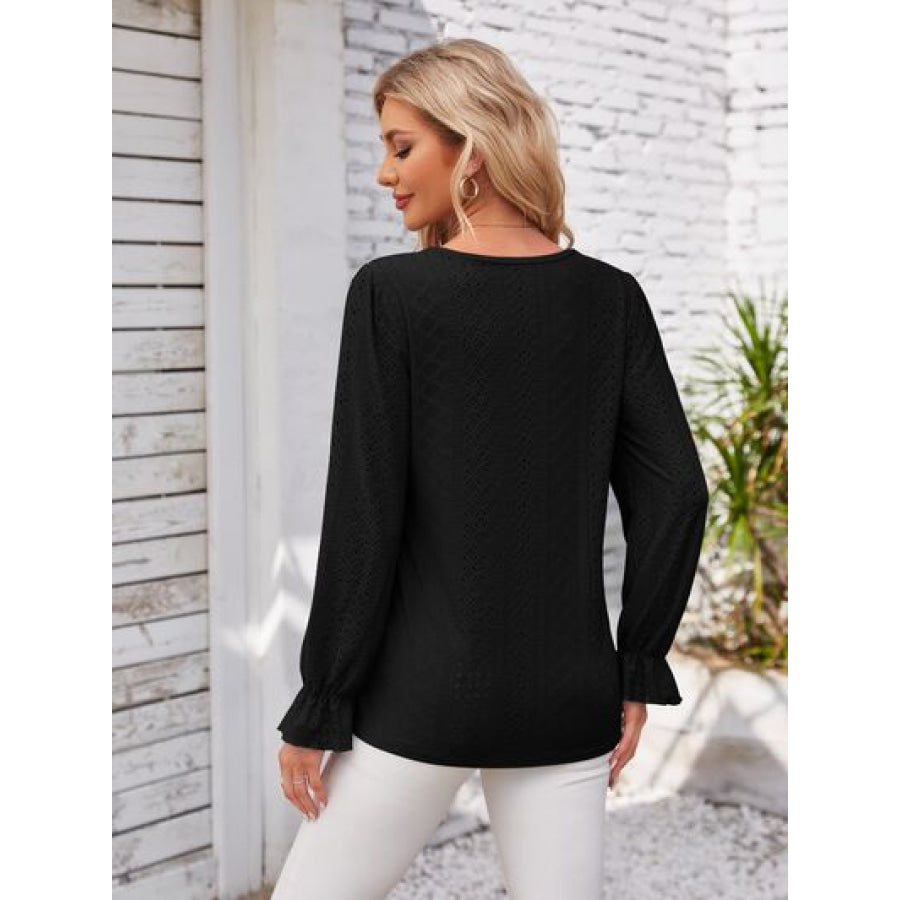 Applique V - Neck Flounce Sleeve T - Shirt Apparel and Accessories