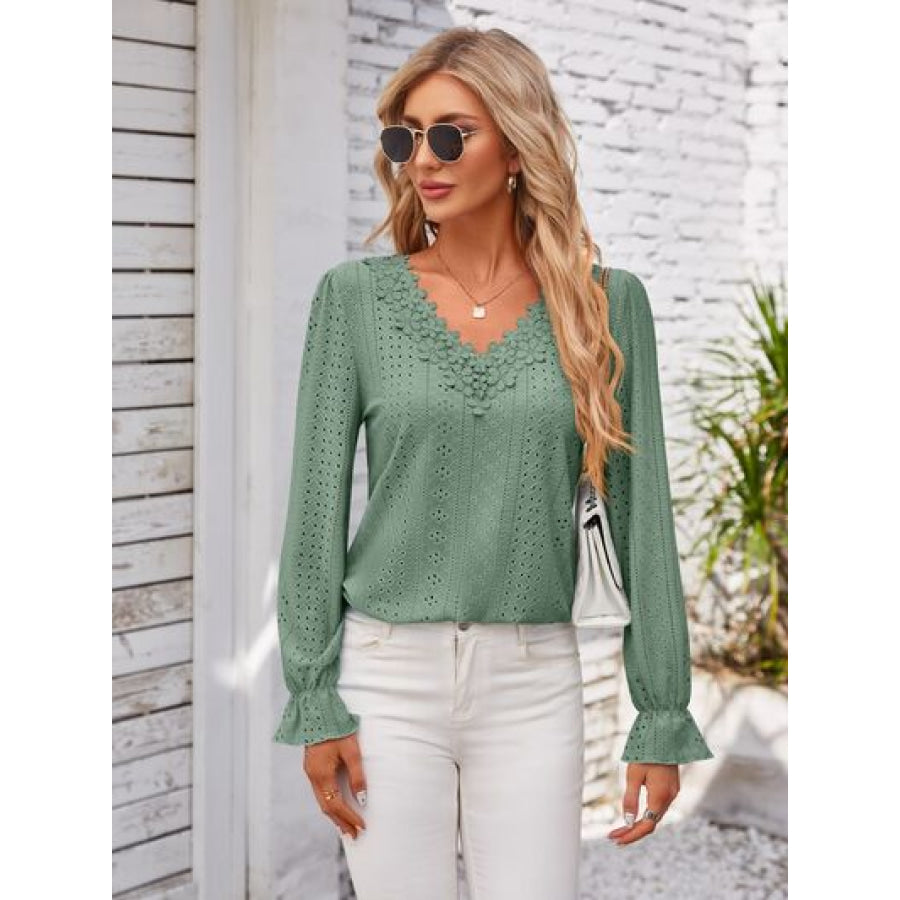 Applique V - Neck Flounce Sleeve T - Shirt Apparel and Accessories