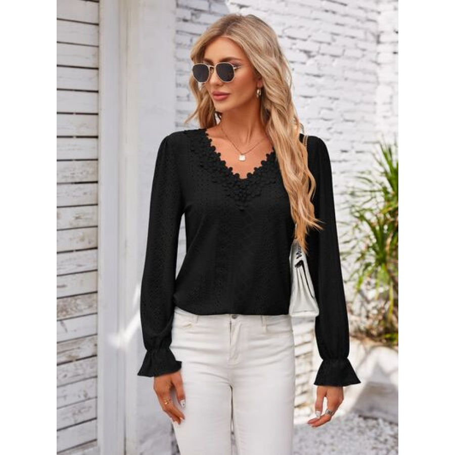 Applique V - Neck Flounce Sleeve T - Shirt Black / S Apparel and Accessories