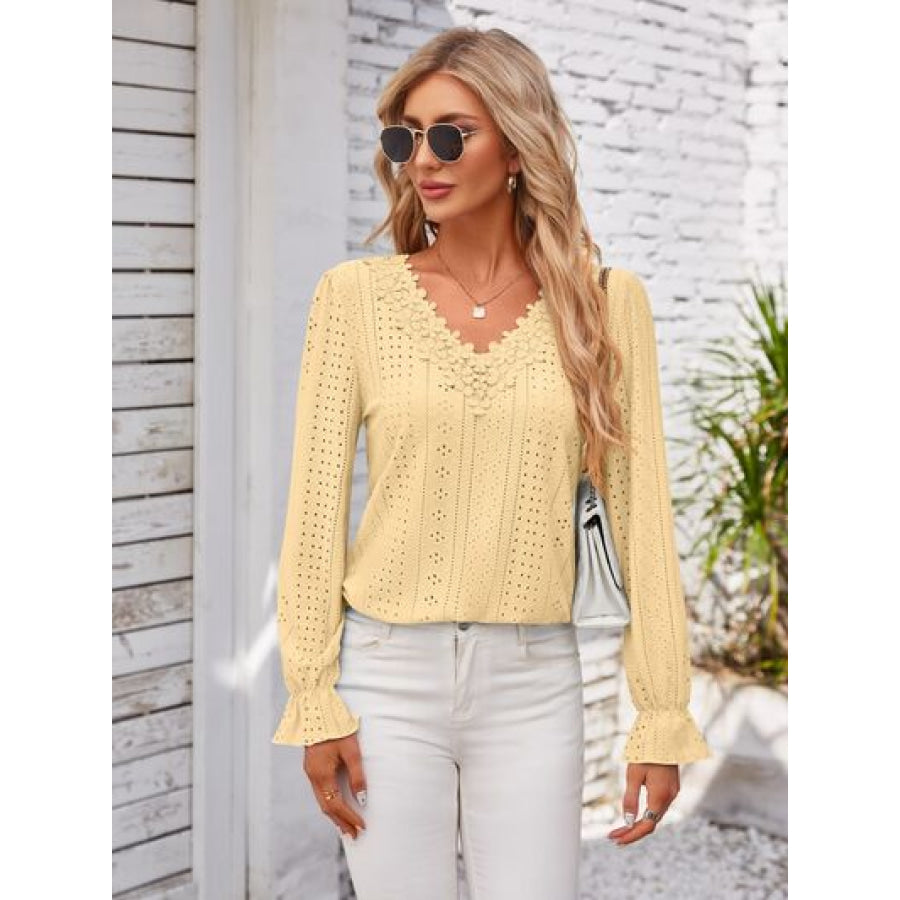 Applique V - Neck Flounce Sleeve T - Shirt Butter Yellow / S Apparel and Accessories