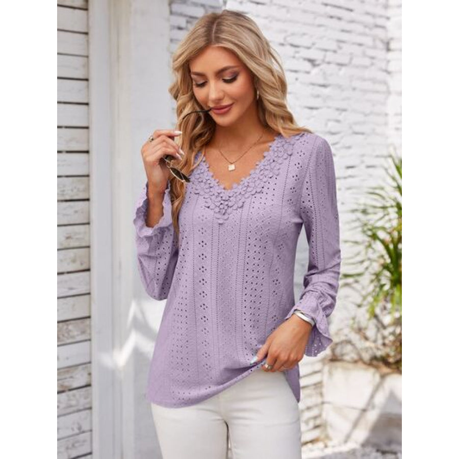 Applique V - Neck Flounce Sleeve T - Shirt Lavender / S Apparel and Accessories