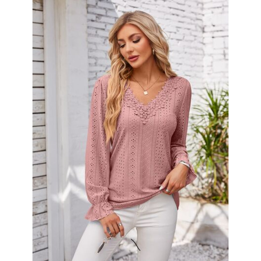 Applique V - Neck Flounce Sleeve T - Shirt Light Mauve / S Apparel and Accessories