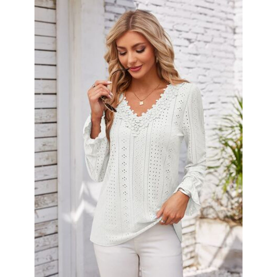 Applique V - Neck Flounce Sleeve T - Shirt White / S Apparel and Accessories