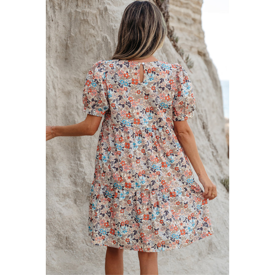 Apricot Bohemian Floral Print Short Puff Sleeve Mini Dress Dresses/Floral Dresses