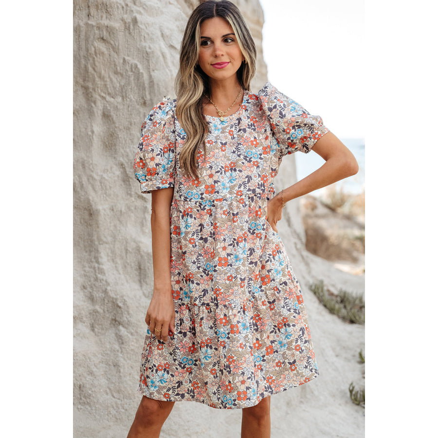 Apricot Bohemian Floral Print Short Puff Sleeve Mini Dress Dresses/Floral Dresses