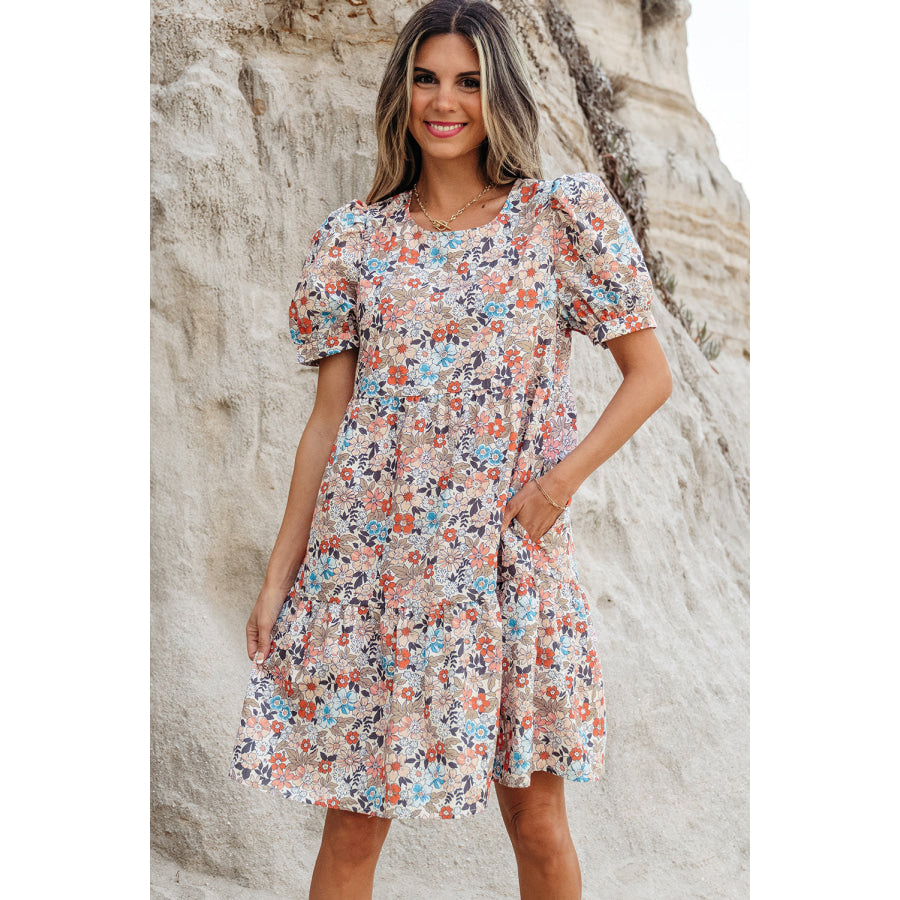 Apricot Bohemian Floral Print Short Puff Sleeve Mini Dress Apricot / S / 100% Polyester Dresses/Floral Dresses