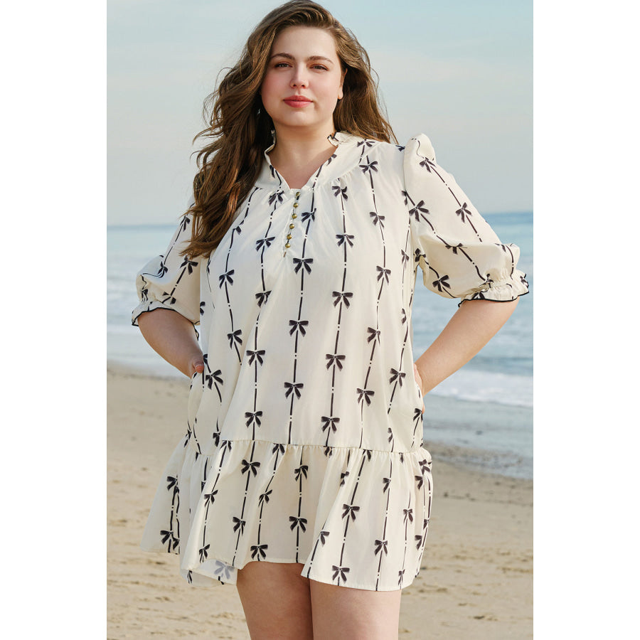 Apricot Bow Printed Puff Sleeve Ruffled Plus Size Mini Dress Apricot / 1X / 100% Polyester Plus Size/Plus Size Dresses/Plus Size Mini