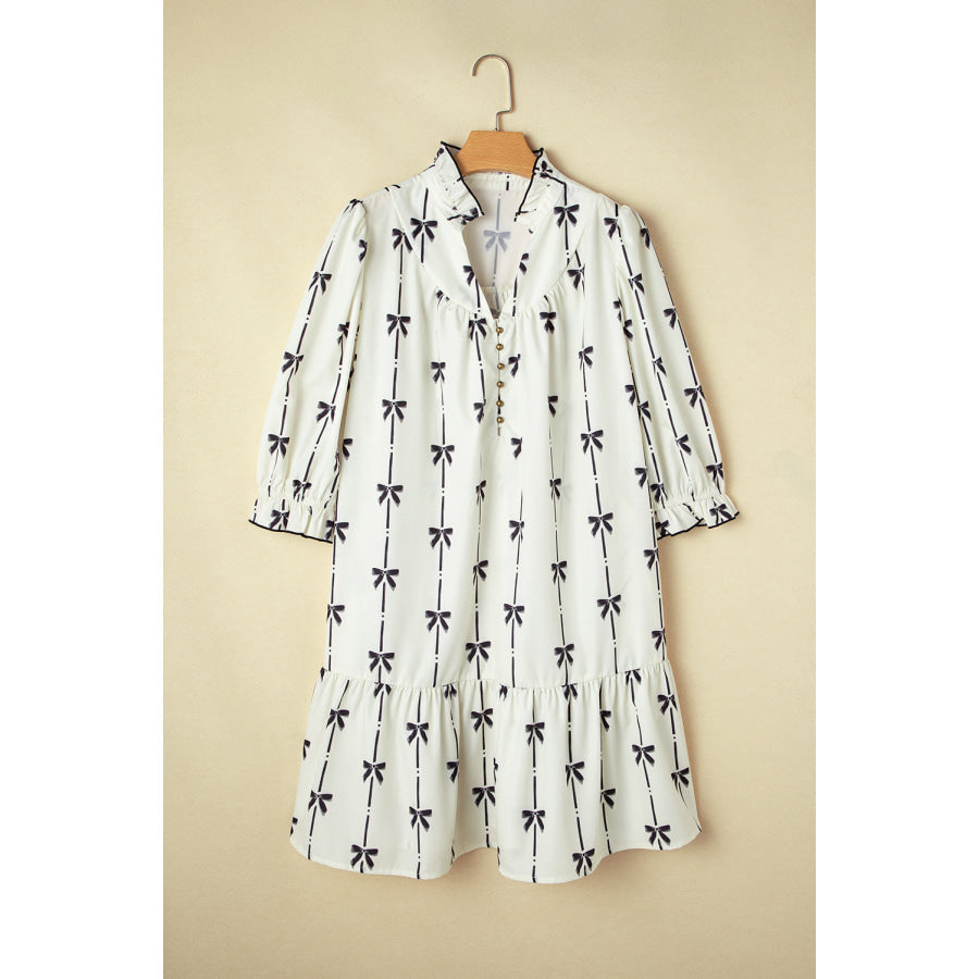 Apricot Bow Printed Puff Sleeve Ruffled Plus Size Mini Dress Plus Size/Plus Size Dresses/Plus Size Mini Dresses