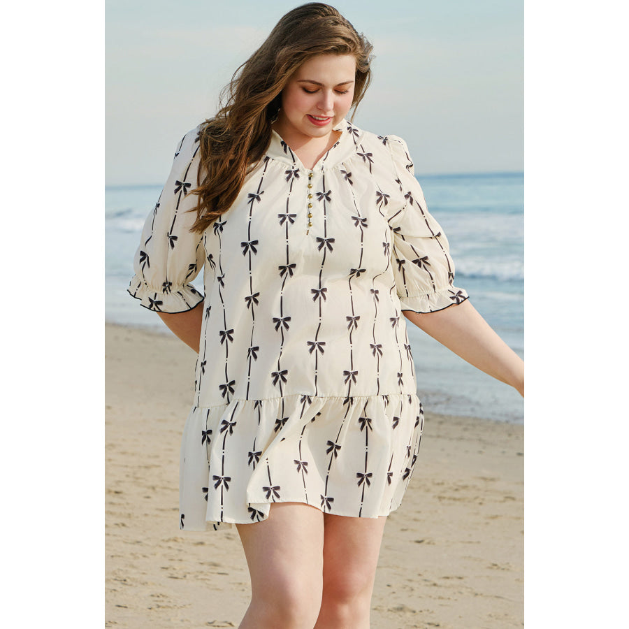 Apricot Bow Printed Puff Sleeve Ruffled Plus Size Mini Dress Plus Size/Plus Size Dresses/Plus Size Mini Dresses