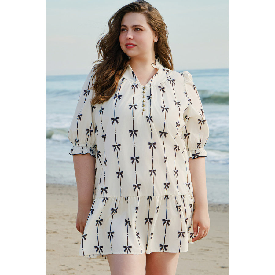 Apricot Bow Printed Puff Sleeve Ruffled Plus Size Mini Dress Plus Size/Plus Size Dresses/Plus Size Mini Dresses