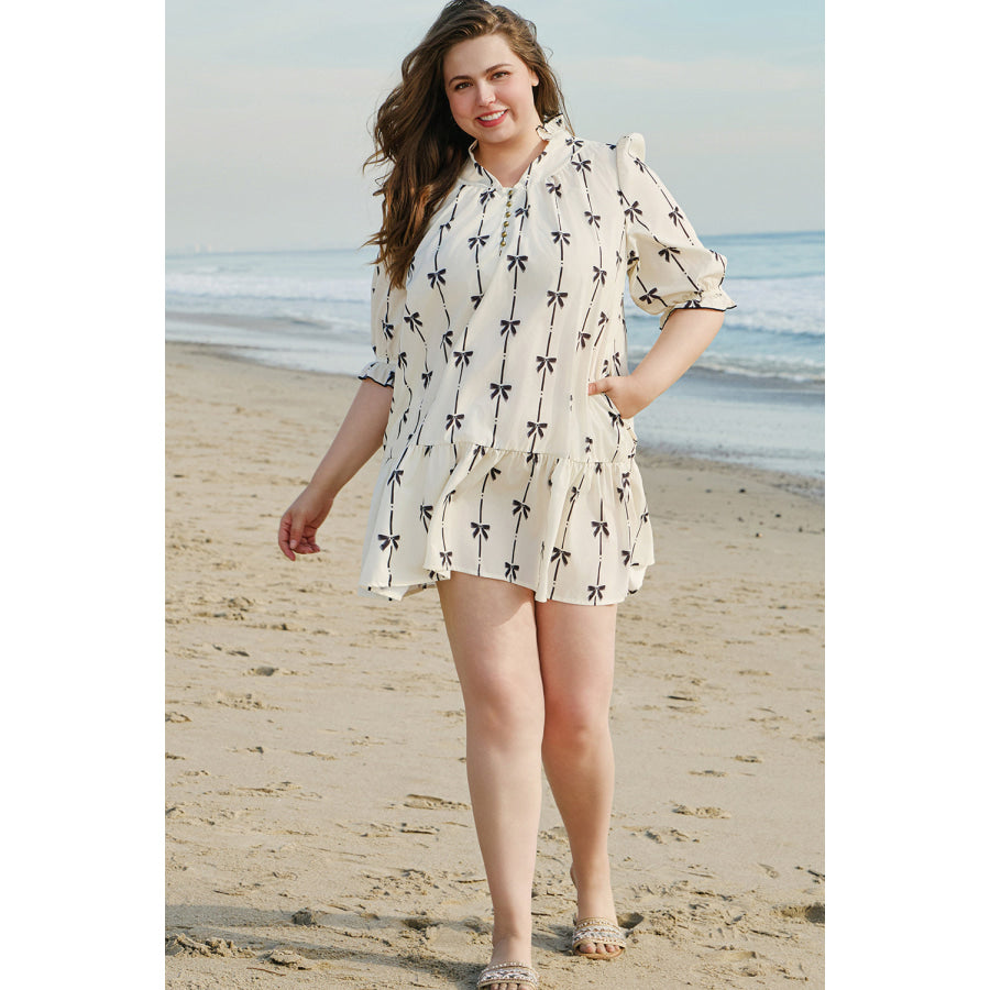 Apricot Bow Printed Puff Sleeve Ruffled Plus Size Mini Dress Plus Size/Plus Size Dresses/Plus Size Mini Dresses