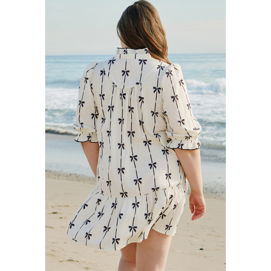 Apricot Bow Printed Puff Sleeve Ruffled Plus Size Mini Dress Plus Size/Plus Size Dresses/Plus Size Mini Dresses
