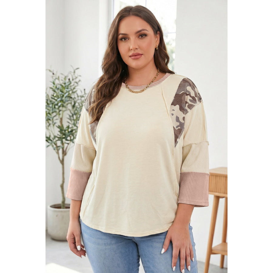 Apricot Camouflage Panel Twist Rib Sleeve Round Neck Loose Fit Plus Size Blouse Apricot / 1X / 62% Polyester + 32% Cotton + 6% Elastane