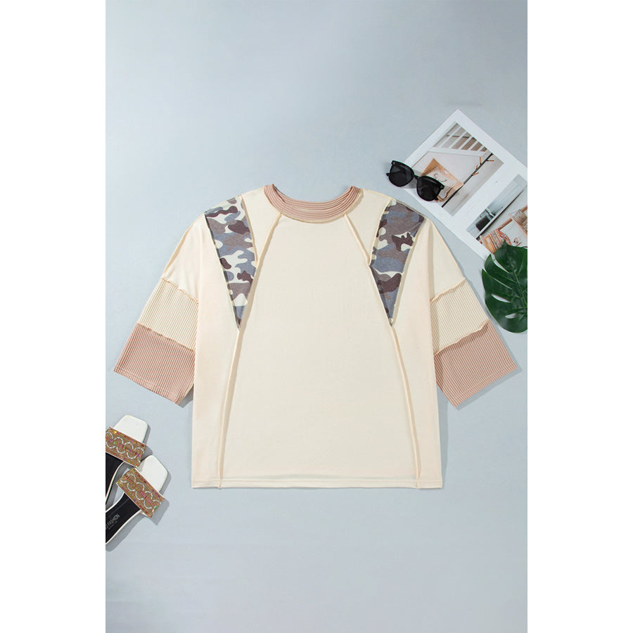 Apricot Camouflage Panel Twist Rib Sleeve Round Neck Loose Fit Plus Size Blouse Plus Size/Plus Size Tops/Plus Size Blouses & Shirts
