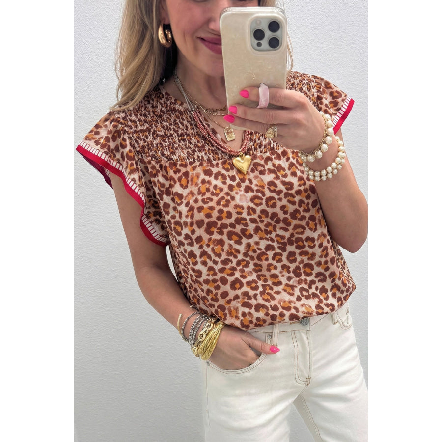 Apricot Contrast Trim Ruffled Short Sleeve Leopard Blouse Apricot / S / 100% Viscose Tops/Blouses & Shirts