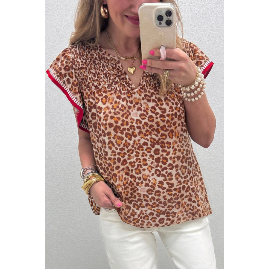 Apricot Contrast Trim Ruffled Short Sleeve Leopard Blouse Tops/Blouses & Shirts