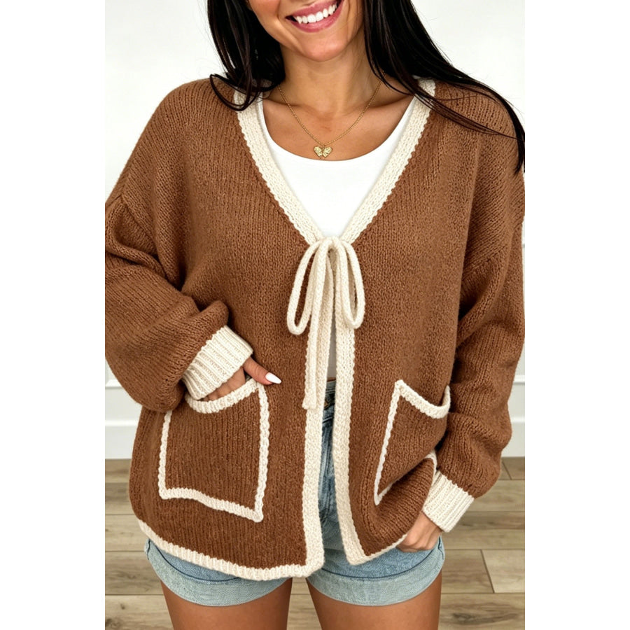 Apricot Contrast Trim V-Neck Tie Front Loose Sweater Cardigan Chestnut / S Sweaters & Cardigans/Cardigans