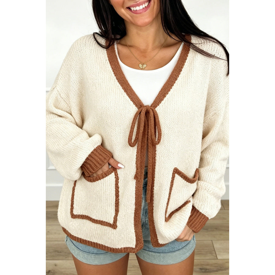 Apricot Contrast Trim V-Neck Tie Front Loose Sweater Cardigan / S Sweaters & Cardigans/Cardigans