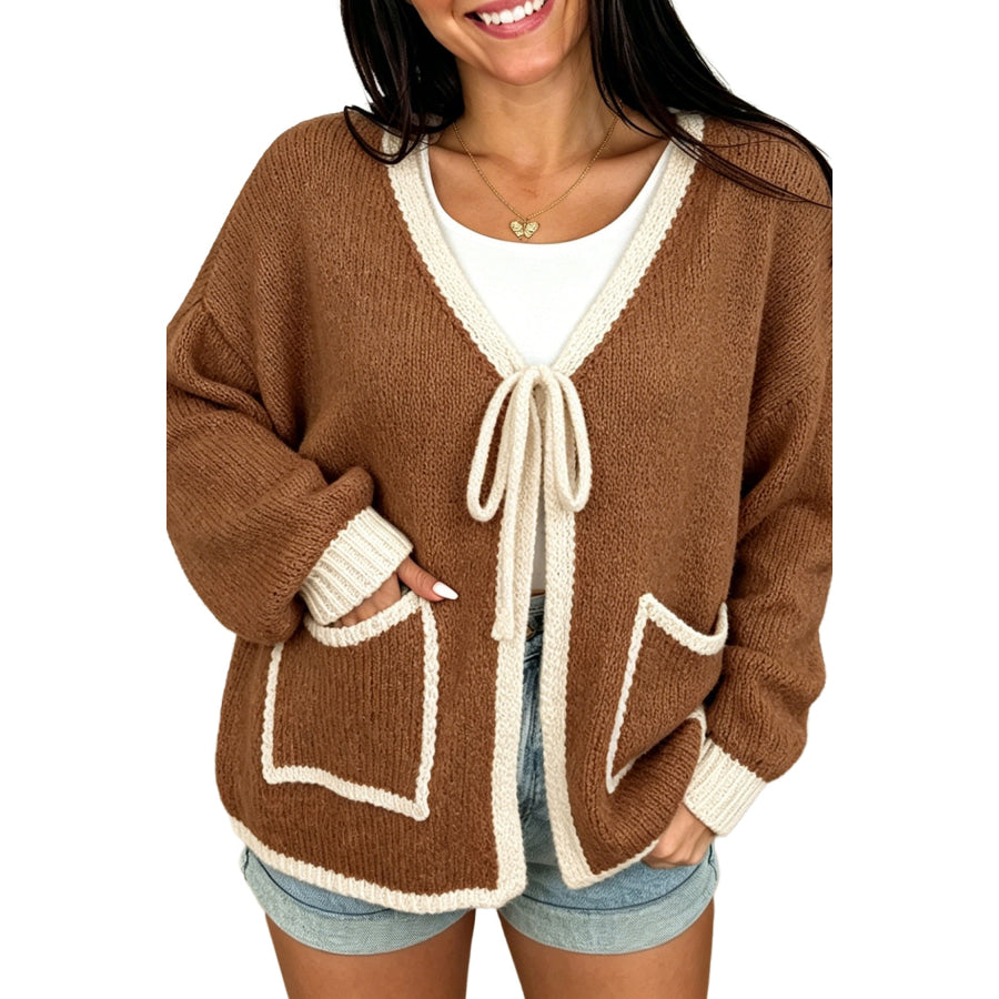 Apricot Contrast Trim V-Neck Tie Front Loose Sweater Cardigan Sweaters & Cardigans/Cardigans