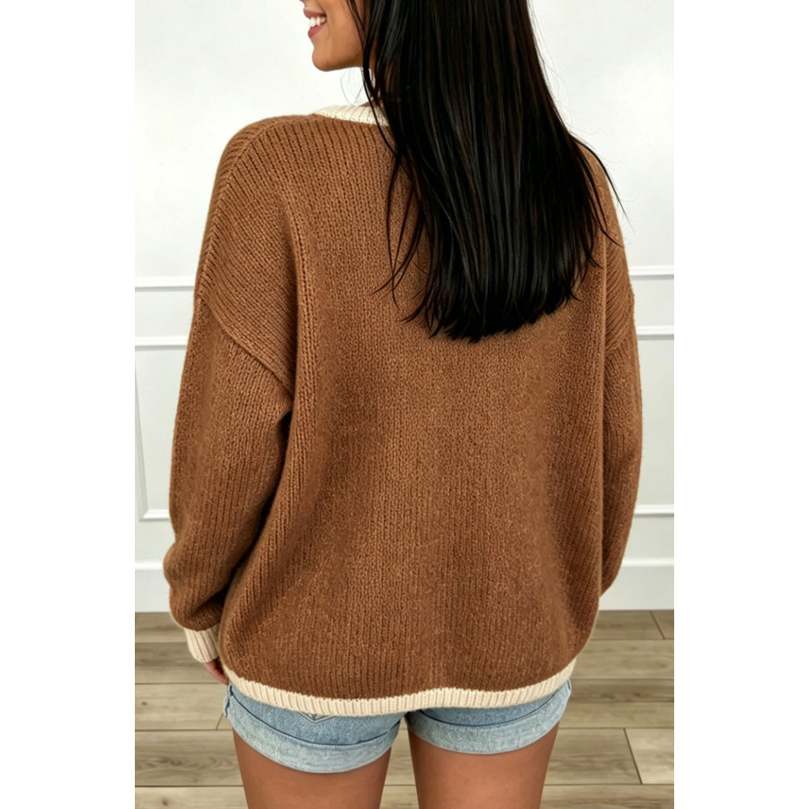 Apricot Contrast Trim V-Neck Tie Front Loose Sweater Cardigan Sweaters & Cardigans/Cardigans