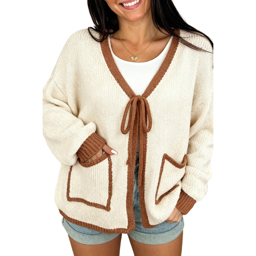 Apricot Contrast Trim V-Neck Tie Front Loose Sweater Cardigan Sweaters & Cardigans/Cardigans